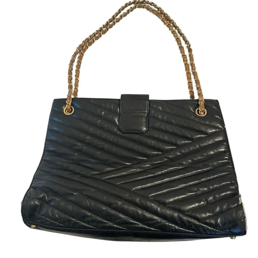 CHANEL Black Quilted Tote with Gold Chain